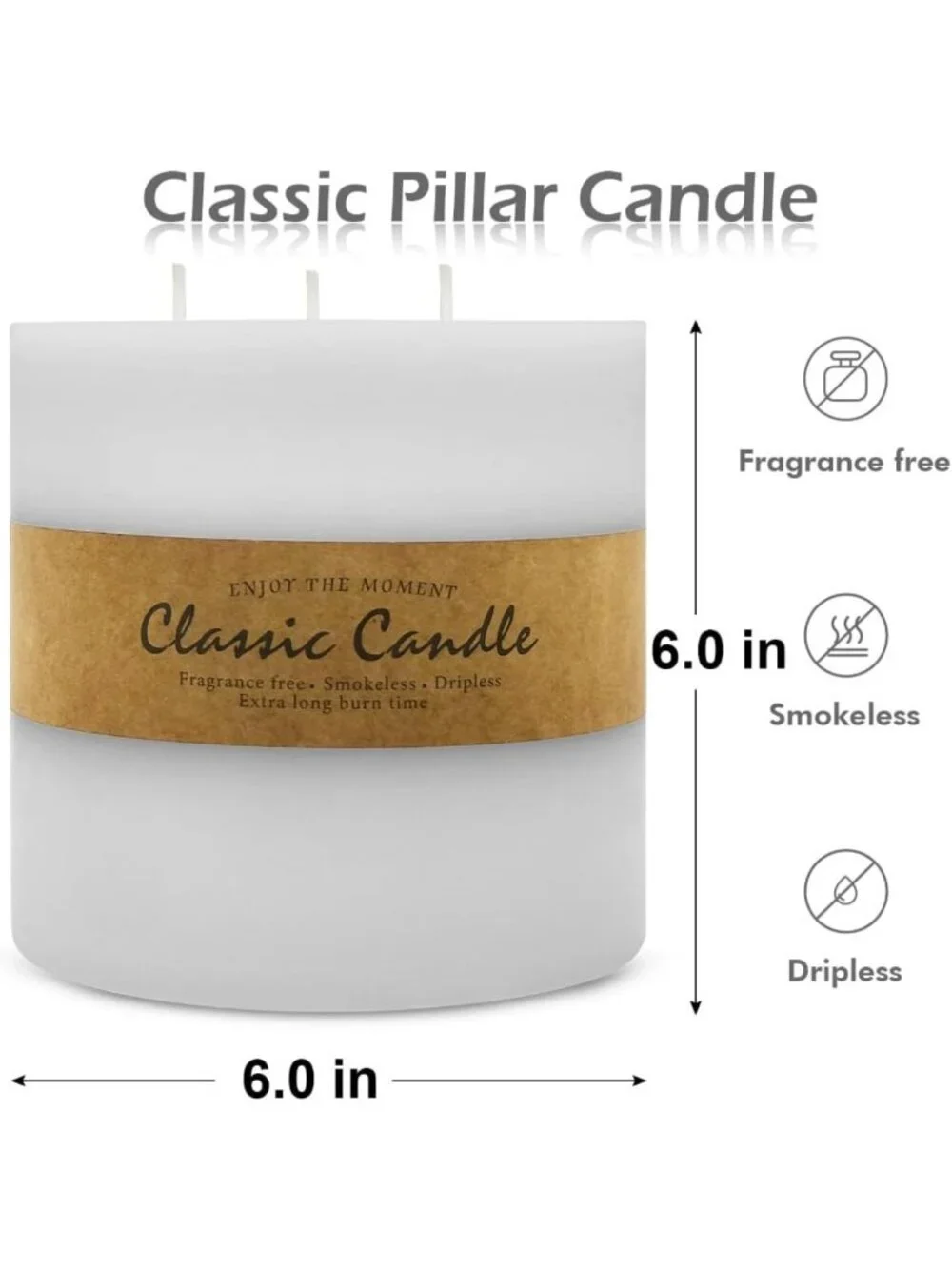Large 3-Wick White Pillar Candle - Dripless, Smokeless, 120 Hour Burn, Home